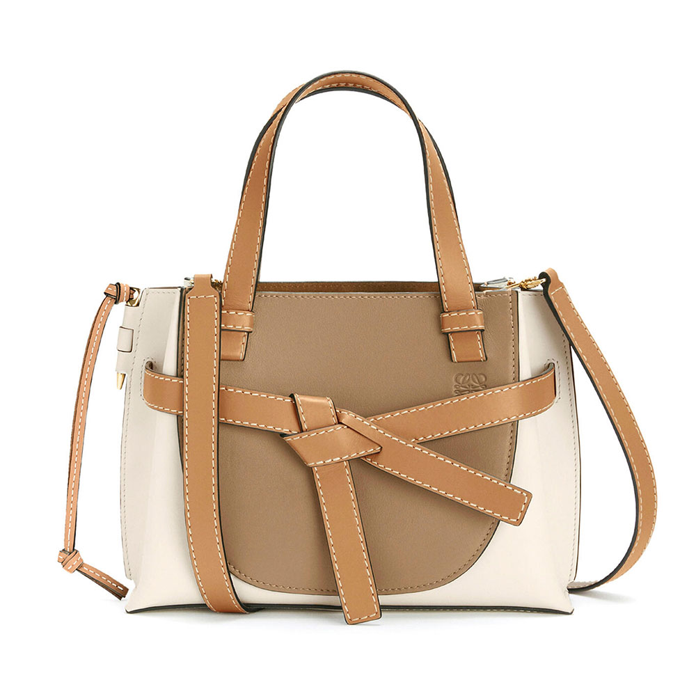 Front view of Loewe Women Mini Gate Top Handle Bag in soft brown calfskin