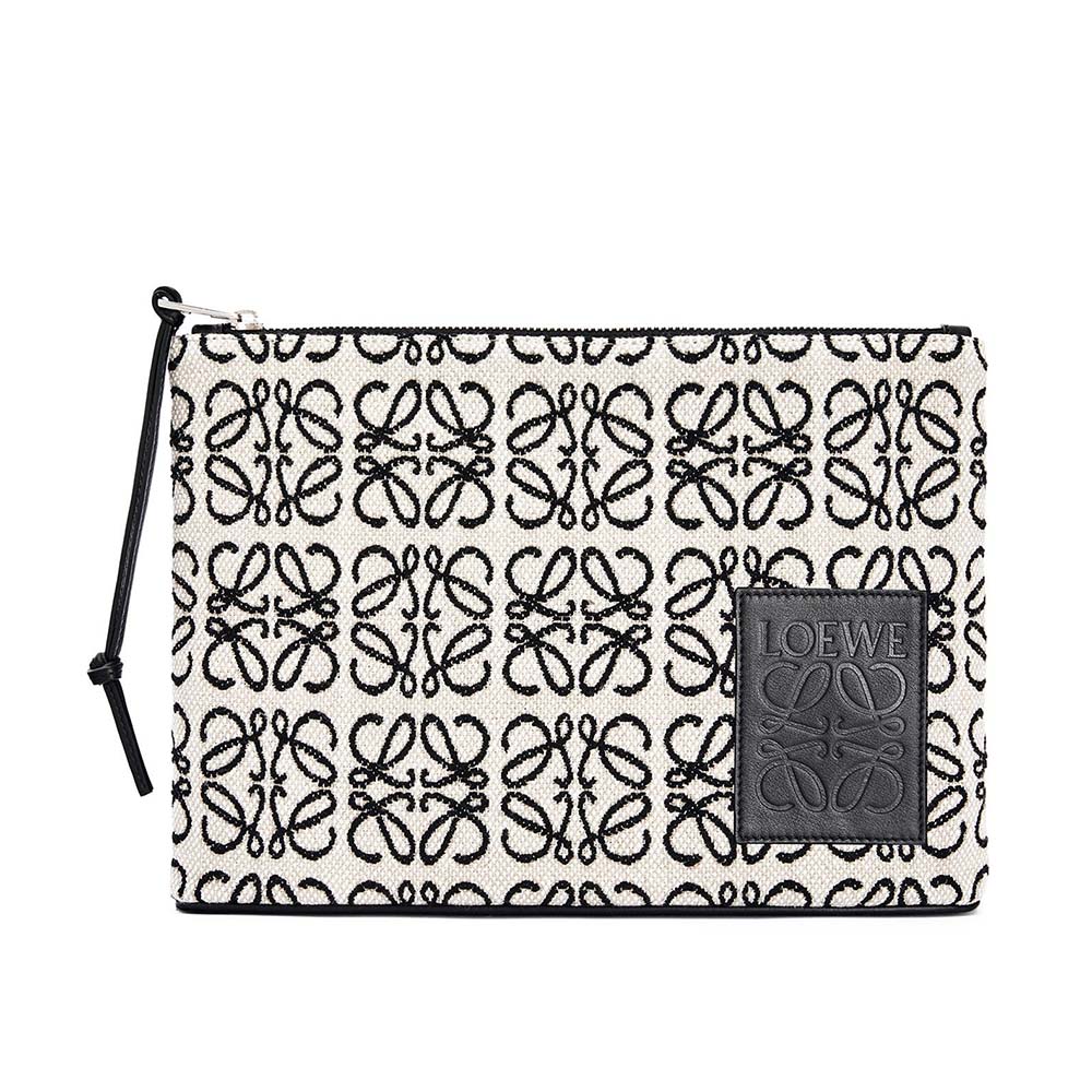 Front view of Loewe Women Oblong Anagram Pouch in Jacquard and Calfskin-Black