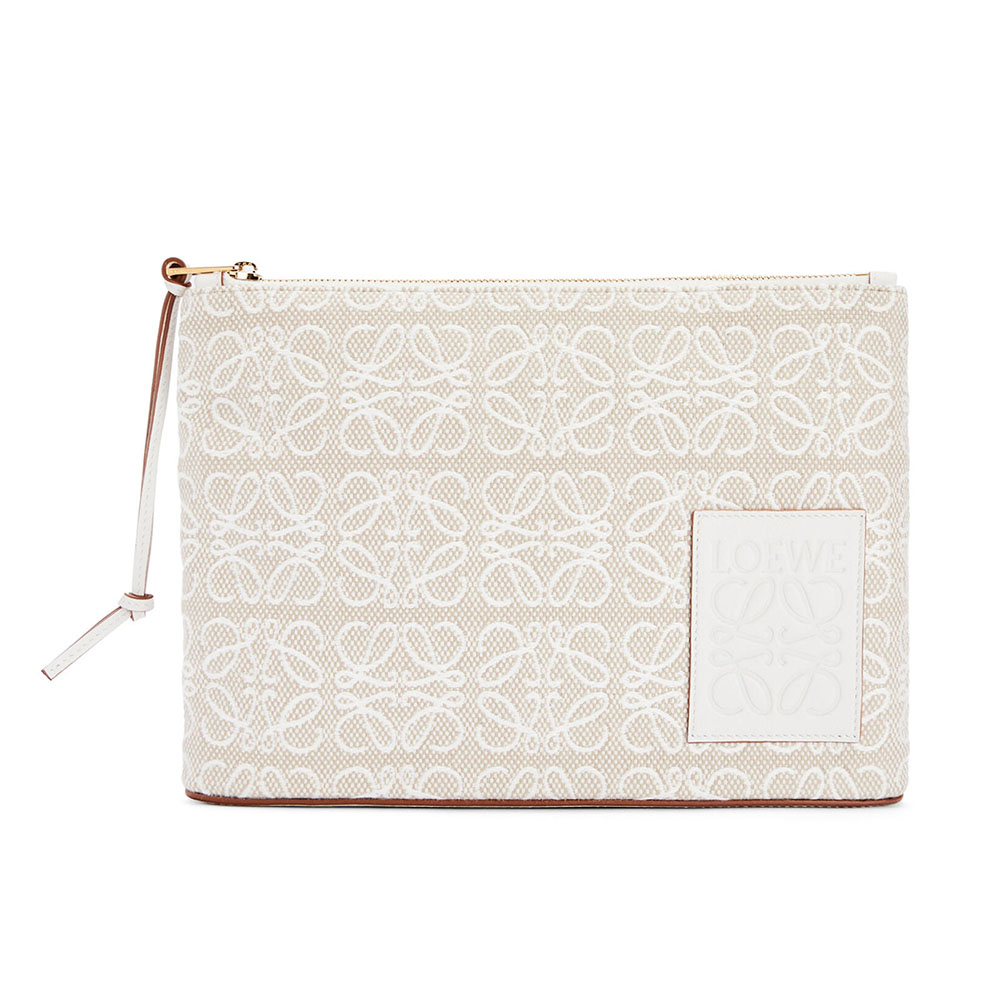Front view of Loewe Women Oblong Anagram Pouch in White jacquard