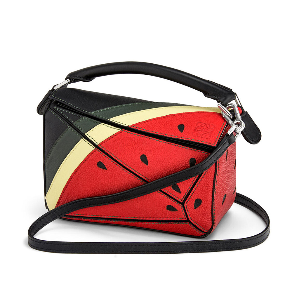 Front view of Loewe Women Watermelon Mini Puzzle Bag in classic red calfskin