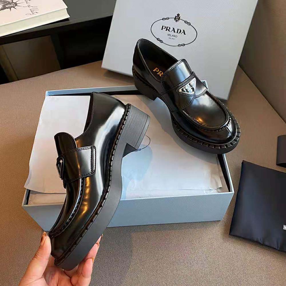 Prada Women Brushed Leather Loafers-Black - image 5