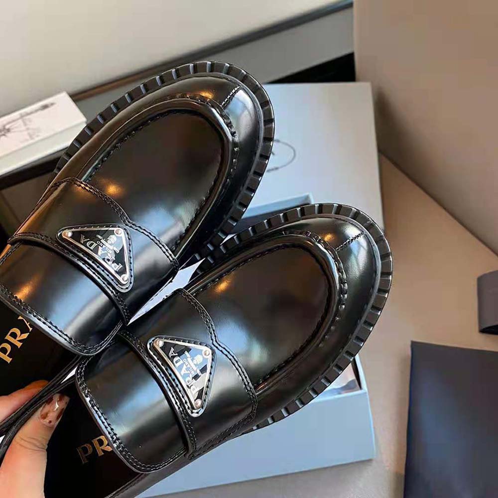 Prada Women Brushed Leather Loafers-Black - image 9
