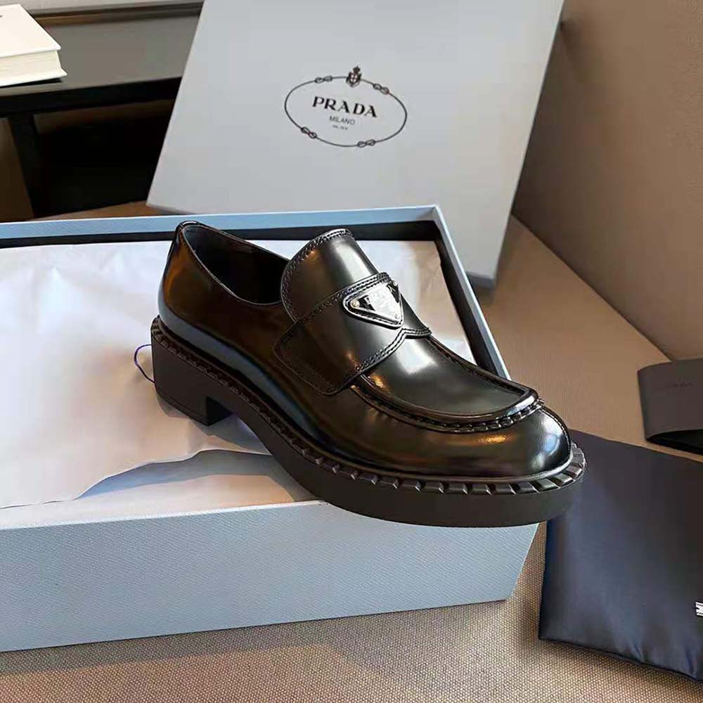 Prada Women Brushed Leather Loafers-Black - image 7