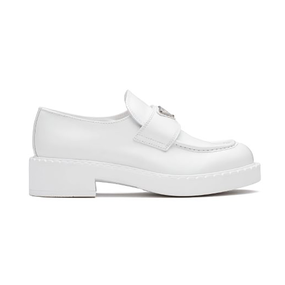 Side view of Prada Women Brushed Leather Loafers-White showing silhouette