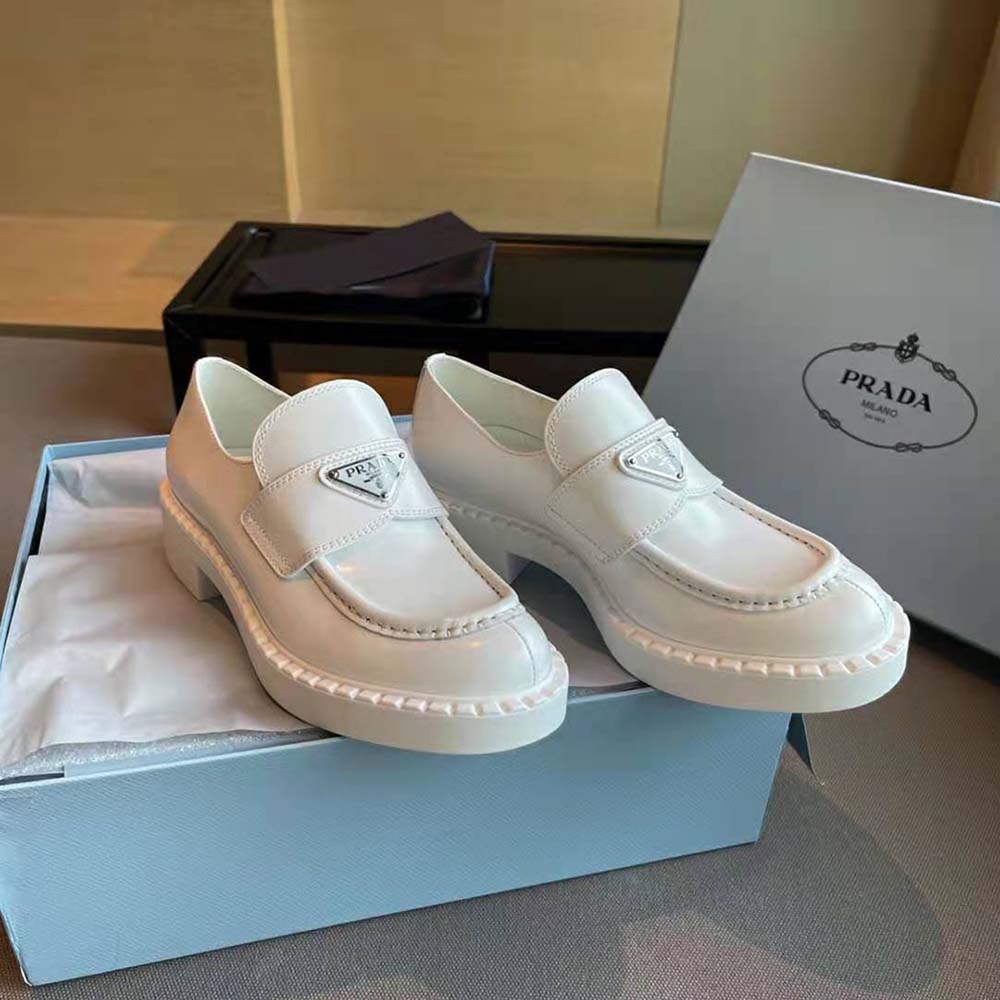 Top-down view of Prada Women Brushed Leather Loafers-White highlighting vamp detail