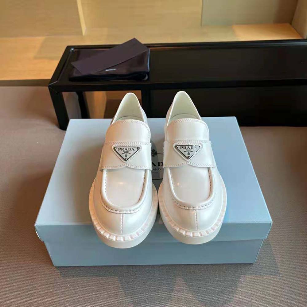 Close-up on brushed leather texture of Prada Women Brushed Leather Loafers-White