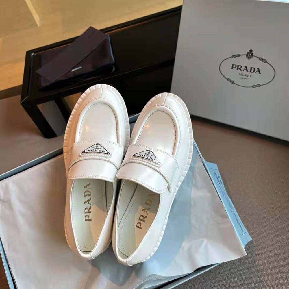 Prada Women Brushed Leather Loafers-White - image 5