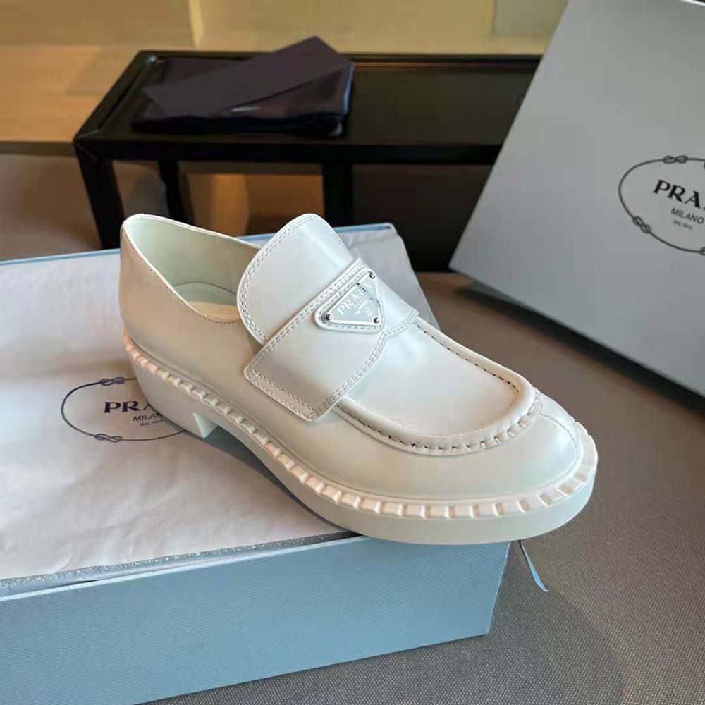 Prada Women Brushed Leather Loafers-White - image 7