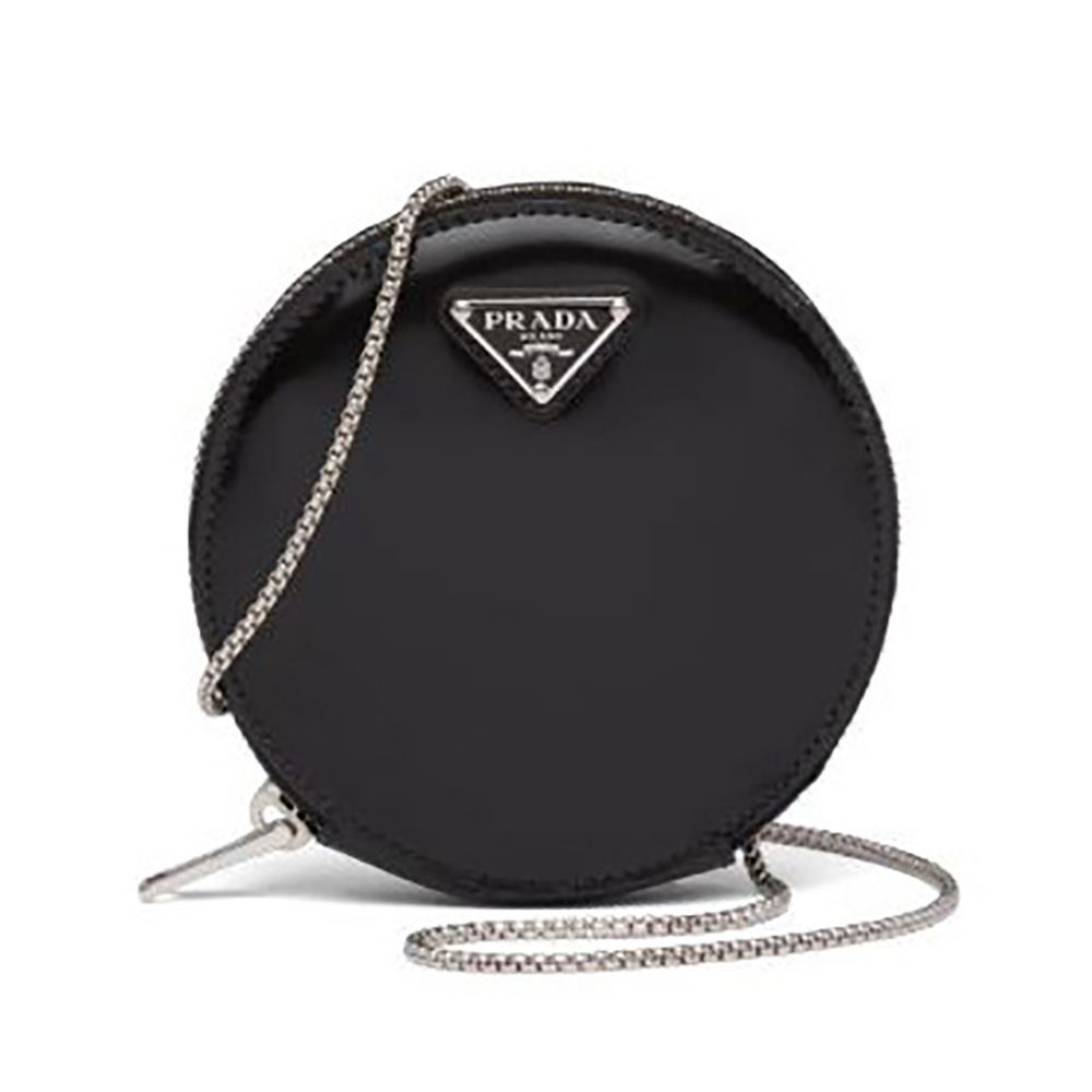 Front view of Prada Women Brushed Leather Mini-Pouch-Black with zipper closed