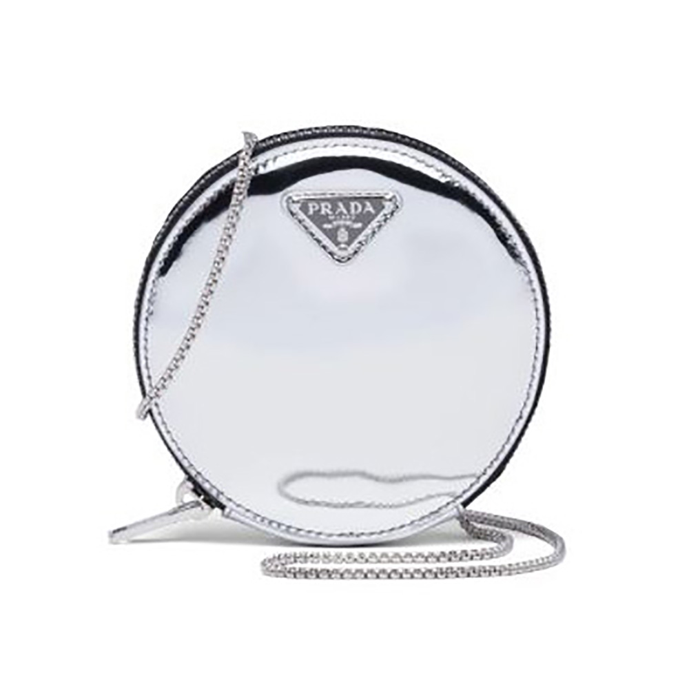 Front view of Prada Women Brushed Leather Mini-Pouch-Silver with zipper