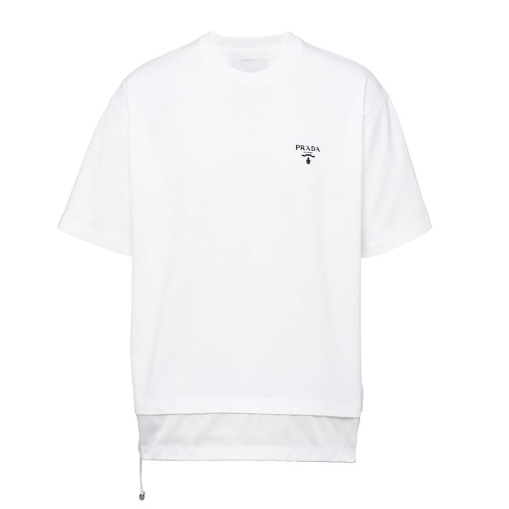 Front view of Prada Women Cotton T-Shirt with Nylon Details-White