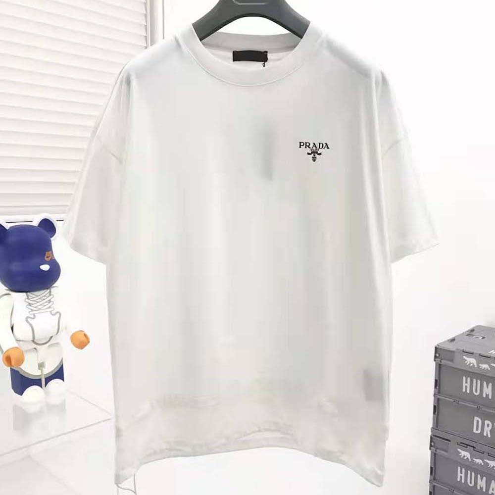 Close-up of nylon detailing on Prada Women Cotton T-Shirt with Nylon Details-White
