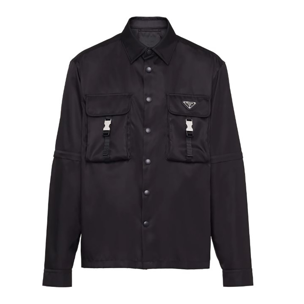 Front view of Prada Women Defined by an Oversized Fit and Large Patch Pocket with Strap Re-Nylon Shirt in black