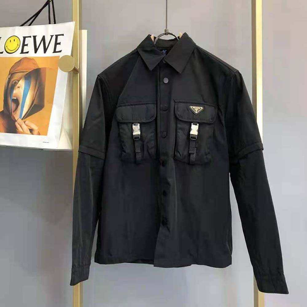 Close-up of large patch pocket with strap on Prada Re-Nylon shirt