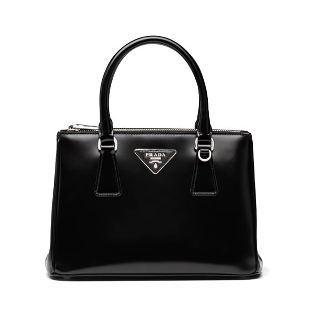 Front view of Prada Women Galleria Brushed Leather Small Bag-Black