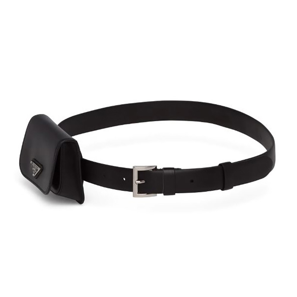 Front view of Prada Women Leather Belt With a Hybrid Multifunctional Design-Black