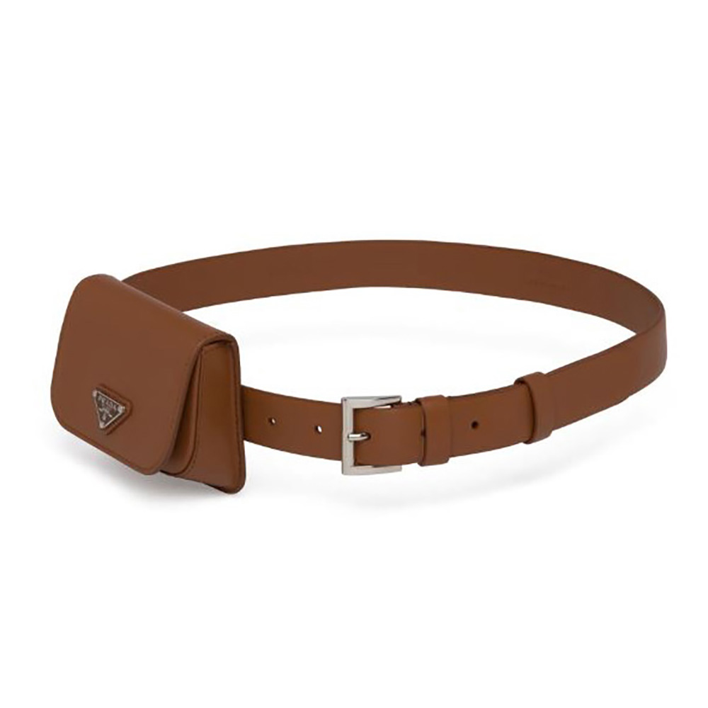 Front view of Prada Women Leather Belt With Hybrid Multifunctional Design-Brown