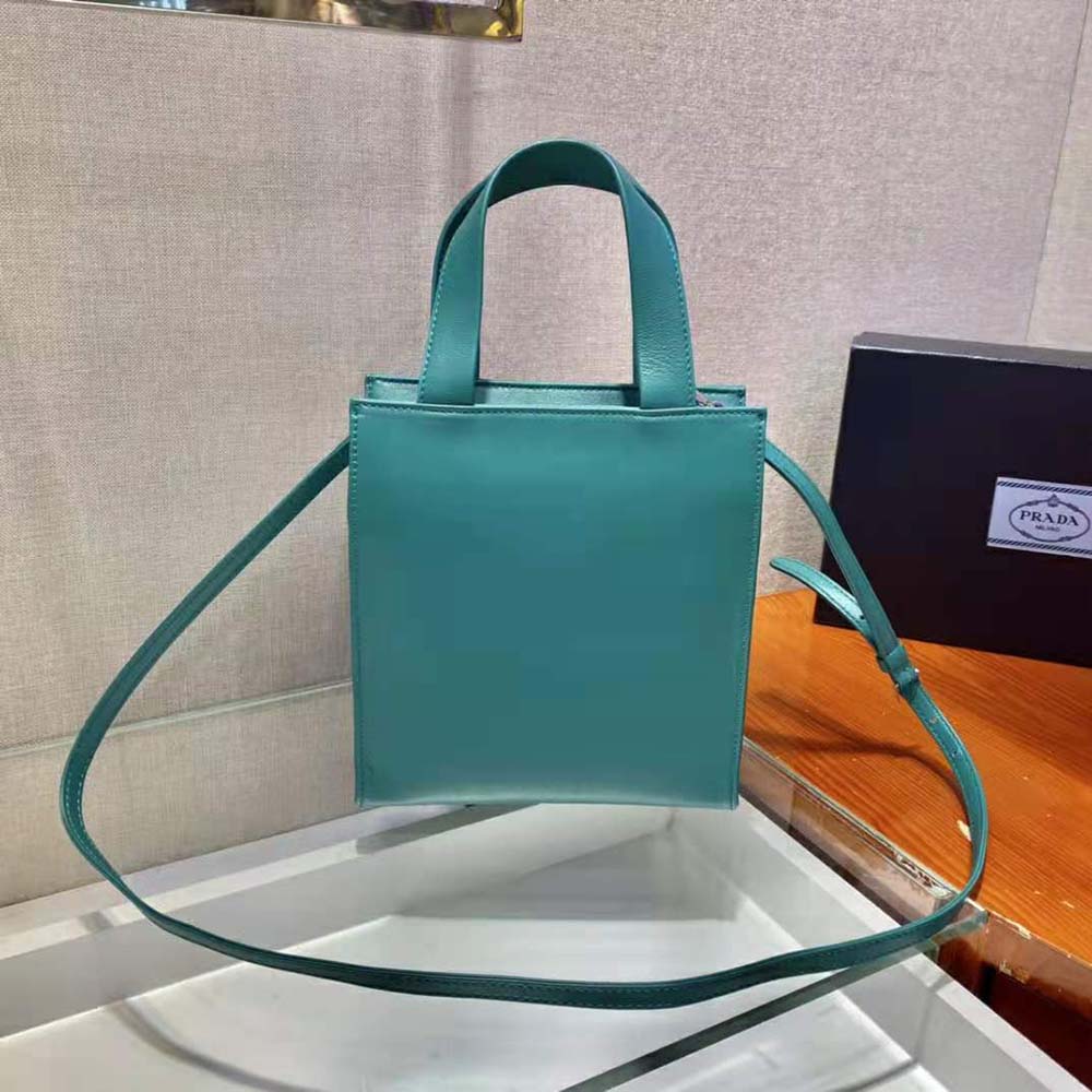 Side angle showing spacious interior and structured silhouette of Prada Women Nappa Leather Tote Bag-Lime