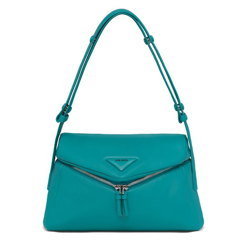 Front view of Prada Women Padded Nappa Leather Prada Signaux Bag-Lime showing vibrant lime color
