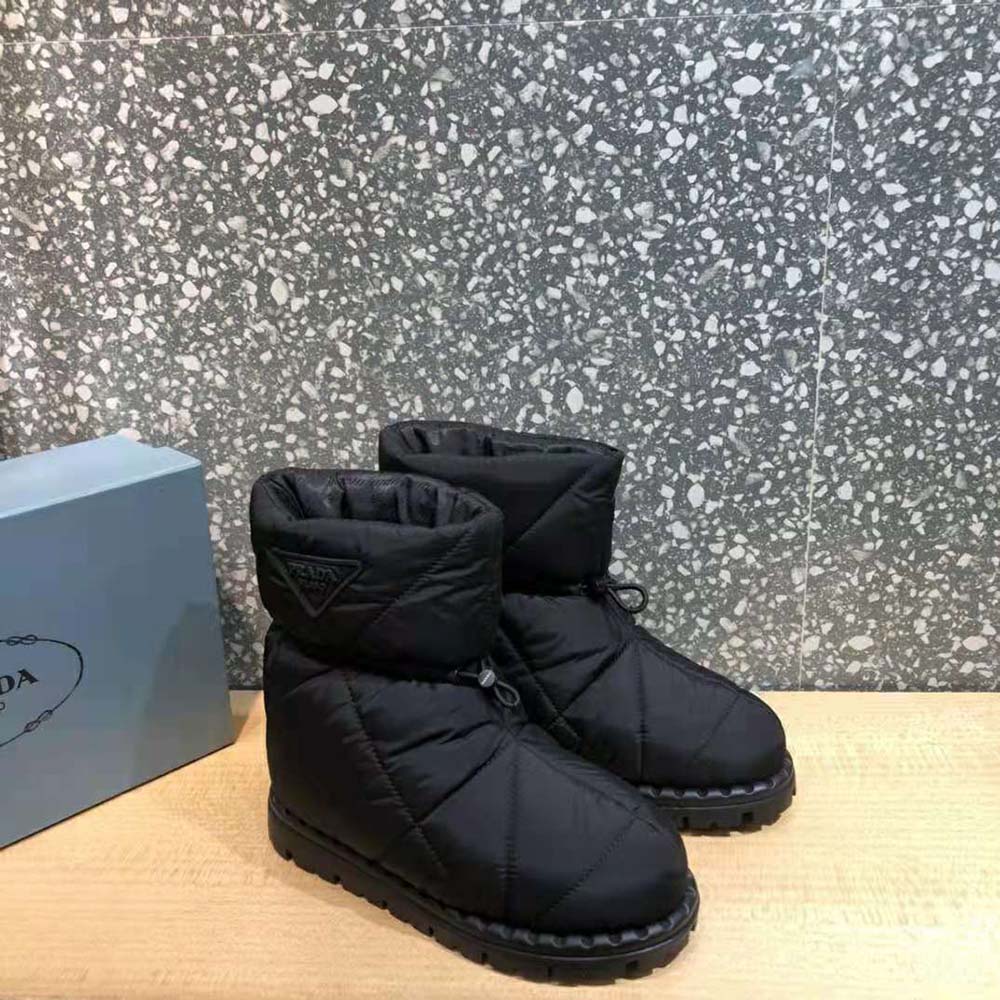 Top view of Prada Women Padded Nylon Booties-Black lace-up closure
