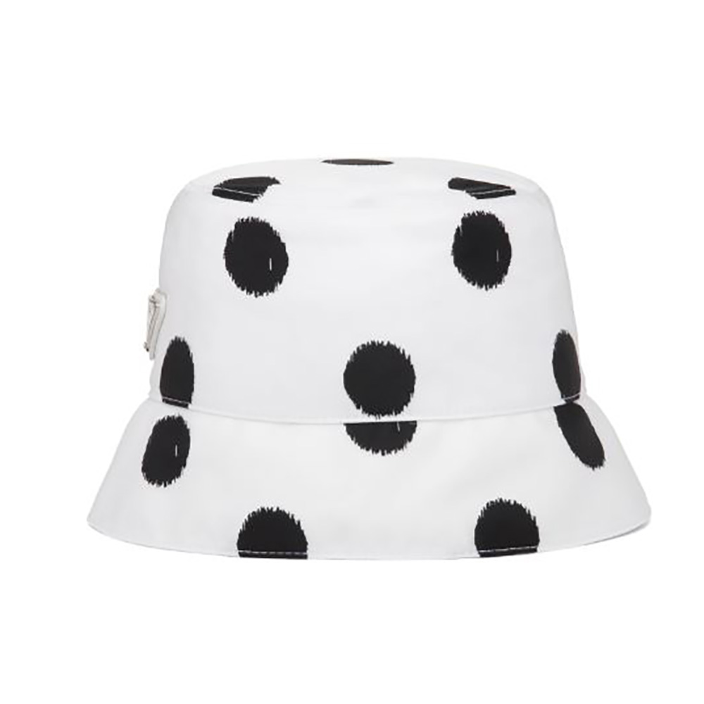 Front view of Prada Women Printed Re-Nylon Bucket Hat-White with logo