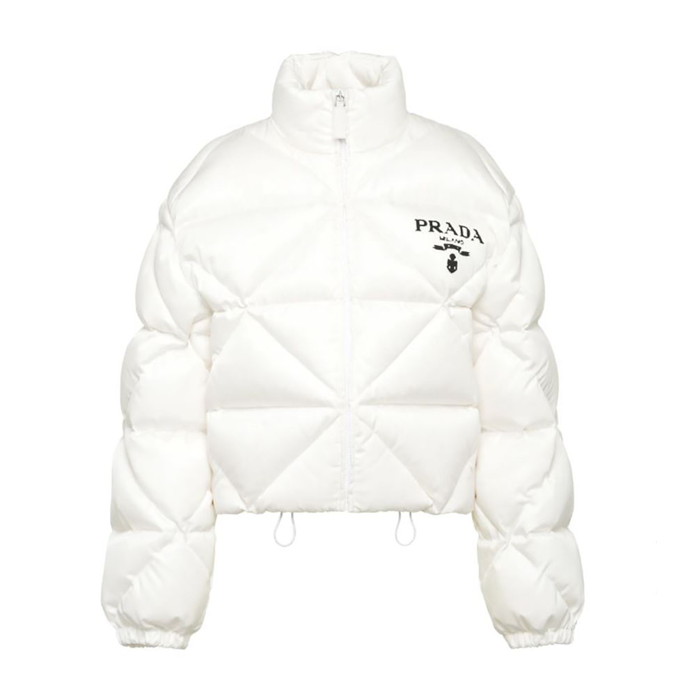 Front view of Prada Women Re-Nylon Gabardine Cropped Down Jacket-White