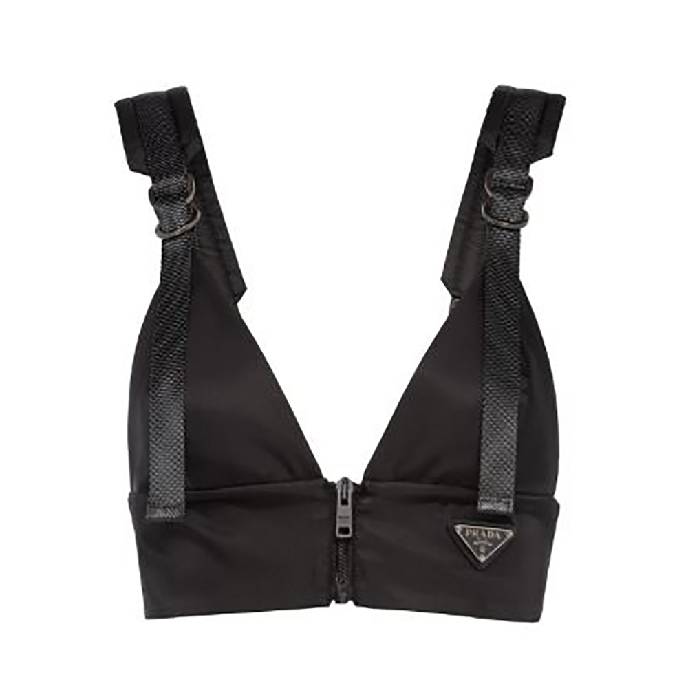 Front view of Prada Women Re-Nylon Gabardine Top-Black on model