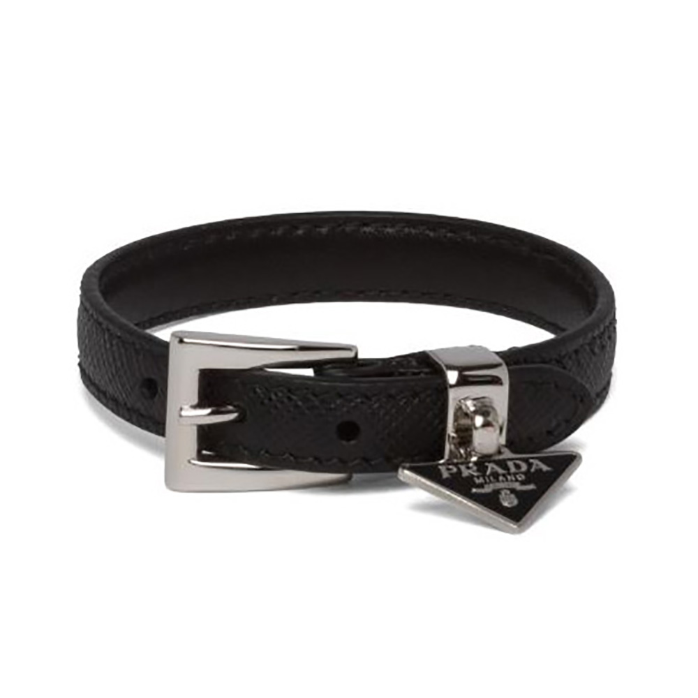 Close-up of Prada Women Saffiano Leather Bracelet-Black showing textured leather