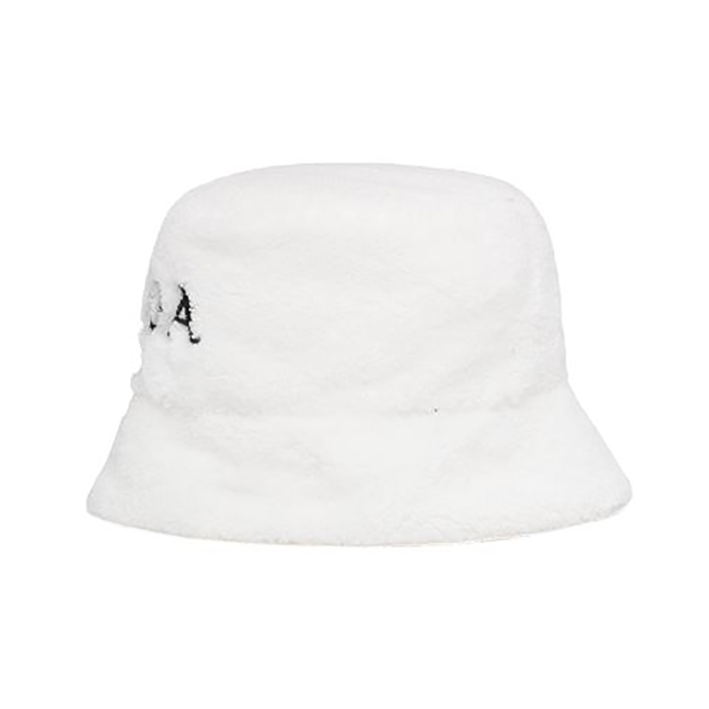 Front view of Prada Women Terrycloth Bucket Hat-White showing logo plaque