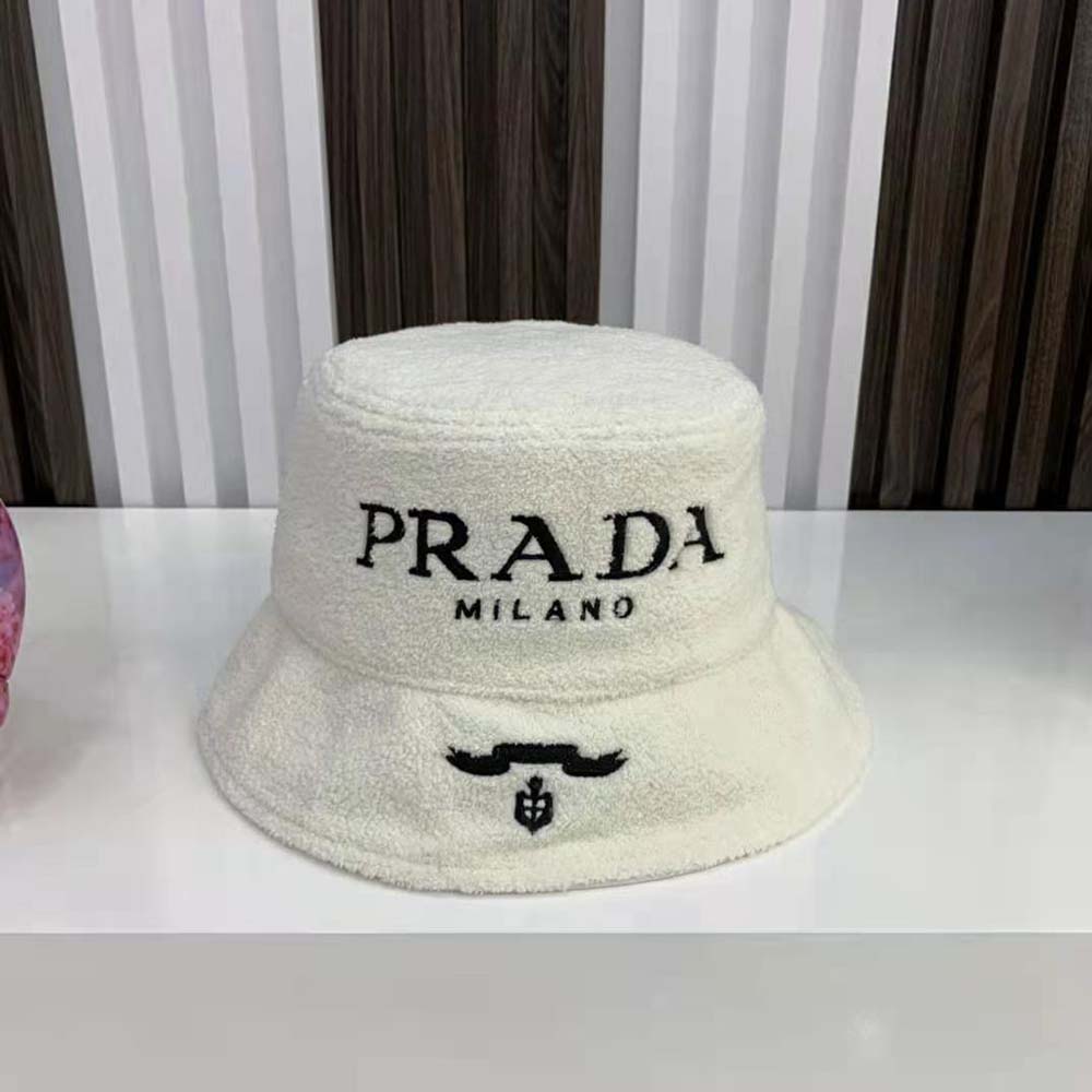Close-up detail of white terrycloth fabric on Prada Women Terrycloth Bucket Hat