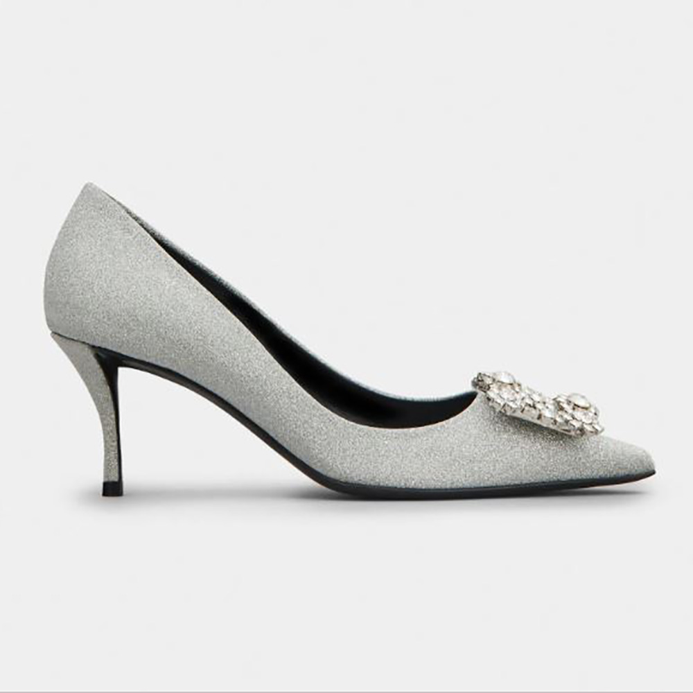Front angle of Roger Vivier Women Flower Strass Buckle Pumps in silver fabric