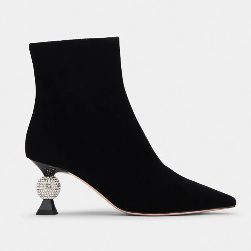 Side view of Roger Vivier Women Marlene Strass Booties in black velvet