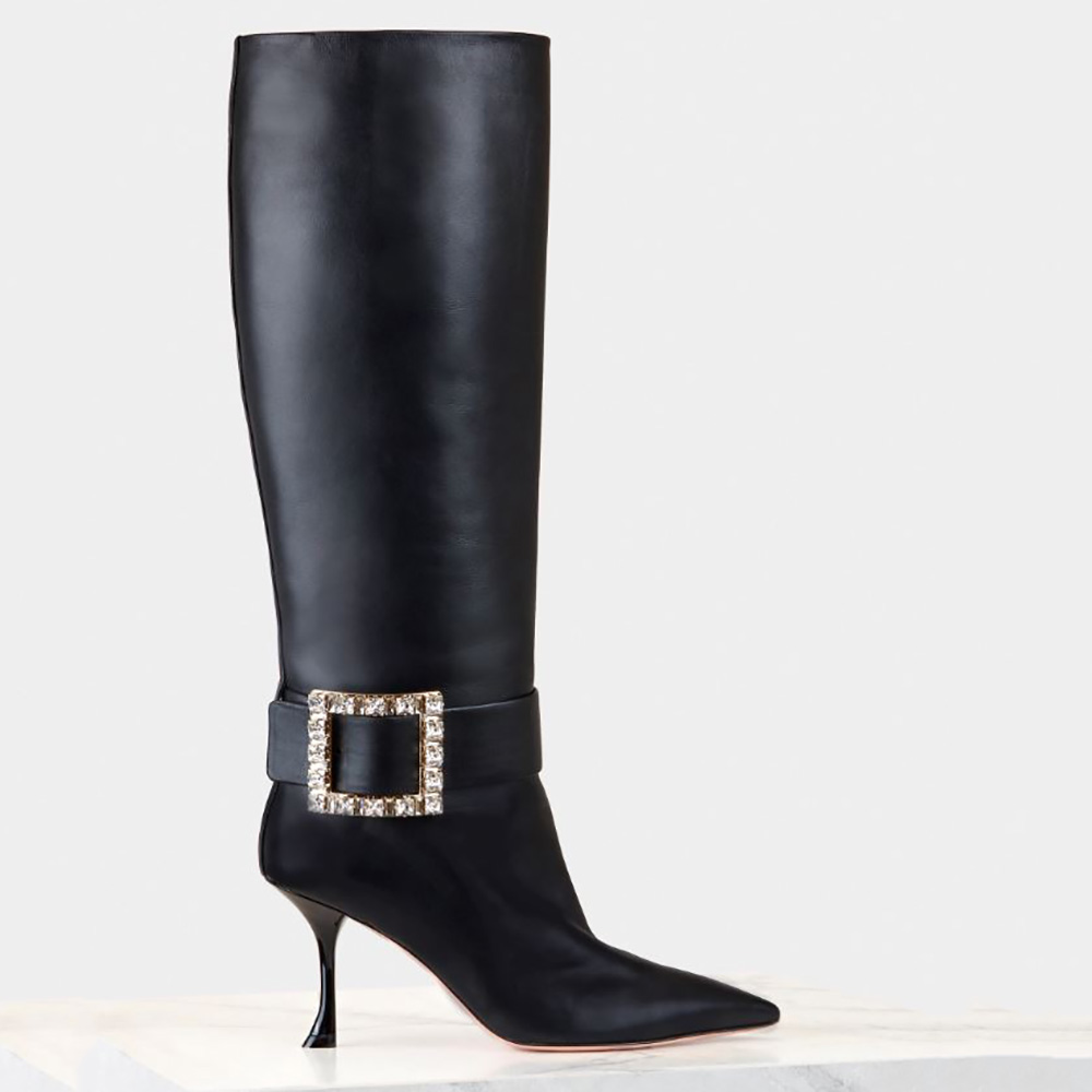 Side profile of Roger Vivier Women Pointy Strass Buckle Boots in Leather showing heel