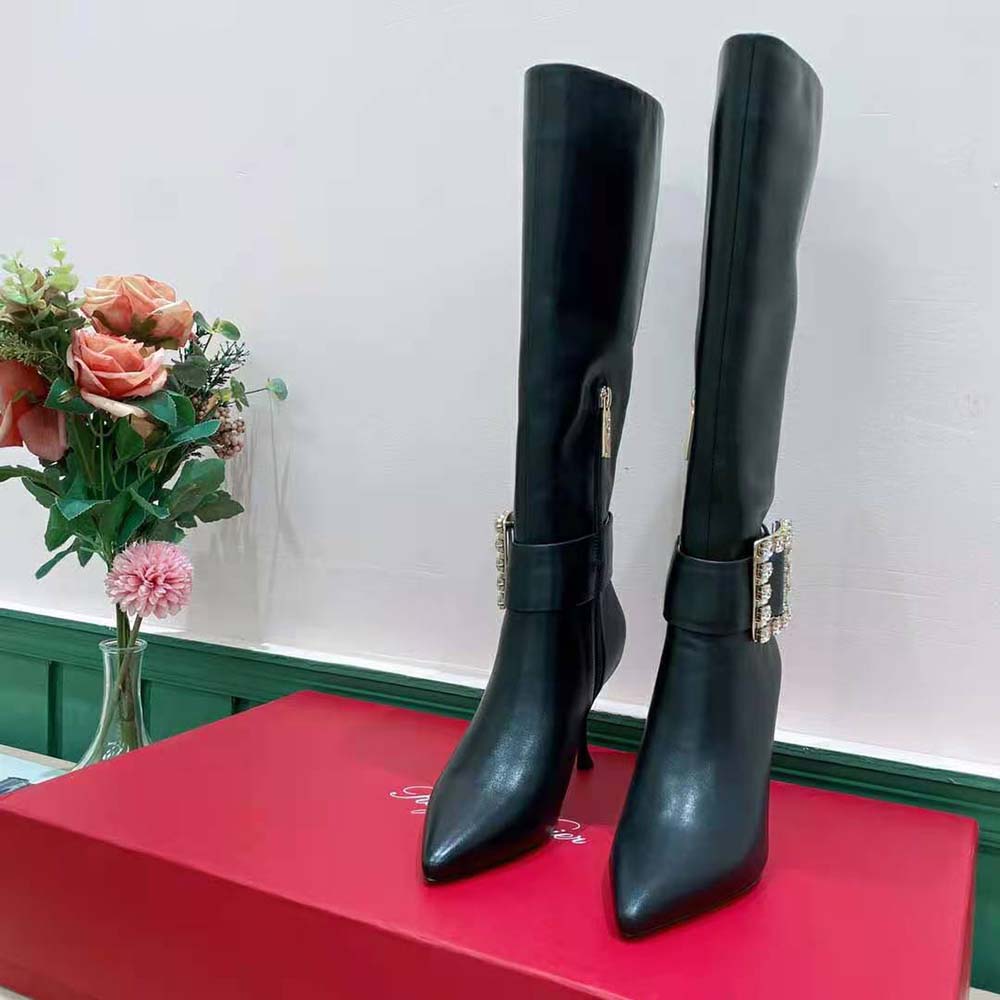 Close-up of sparkling strass buckle on Roger Vivier Women Pointy Strass Buckle Boots