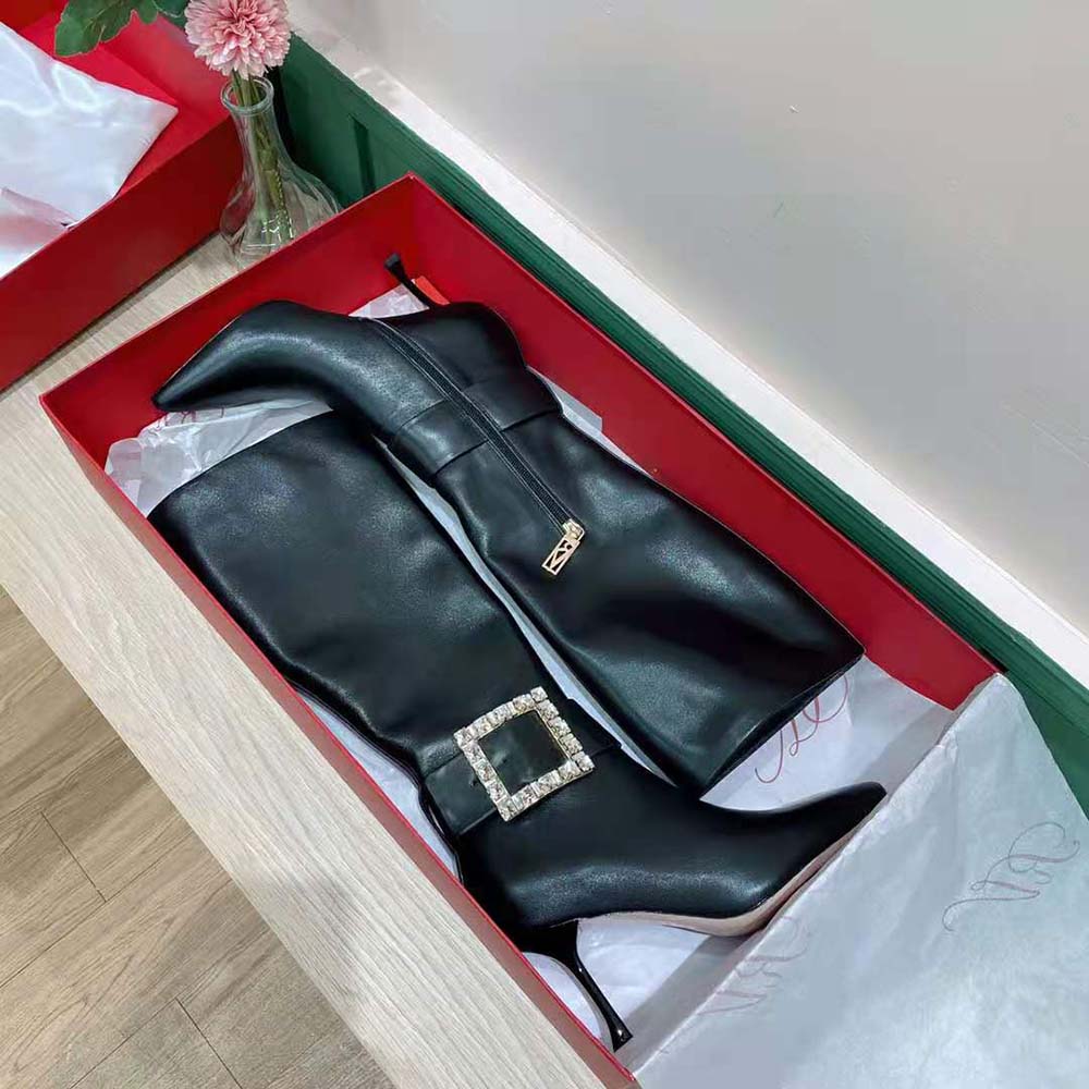 Roger Vivier Women Pointy Strass Buckle Boots in Leather - image 4