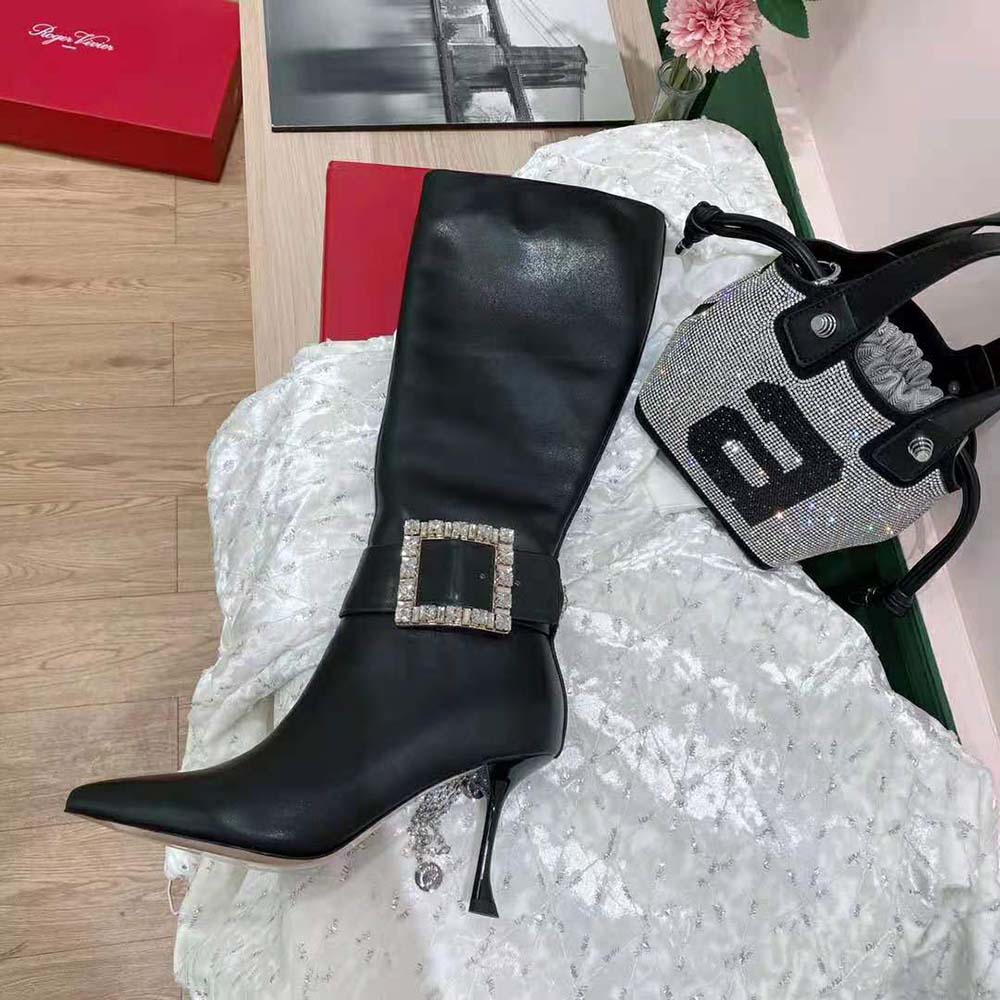 Roger Vivier Women Pointy Strass Buckle Boots in Leather - image 6