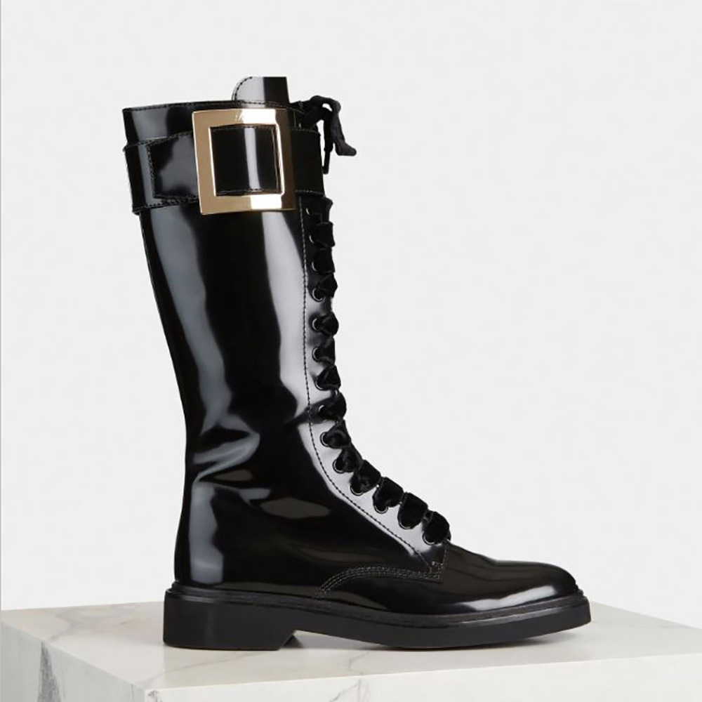 Front view of Roger Vivier Women Rangers Lace Up Metal Buckle Boots in Leather