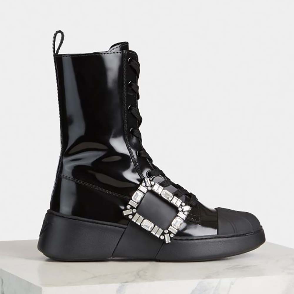Side profile of Roger Vivier Women Viv Skate Lace Up Strass Buckle Booties in Leather-Black