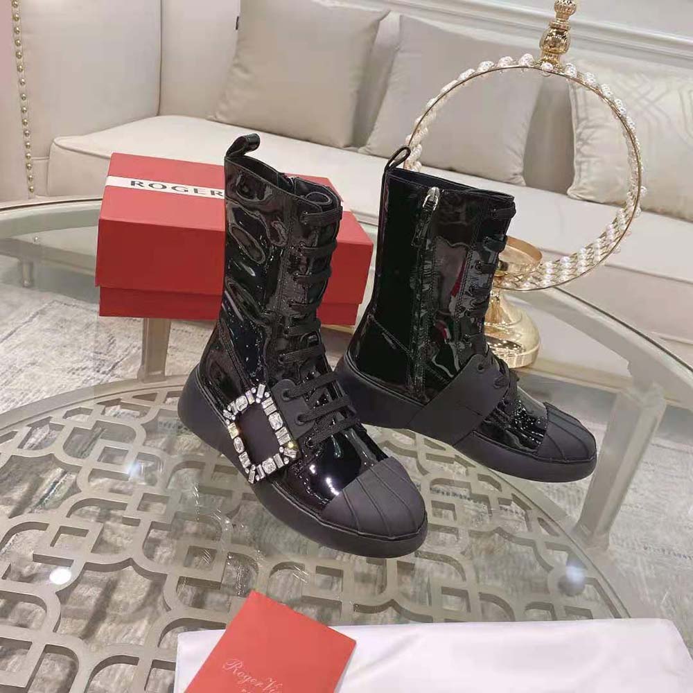 Roger Vivier Women Viv Skate Lace Up Strass Buckle Booties in Leather-Black - image 7