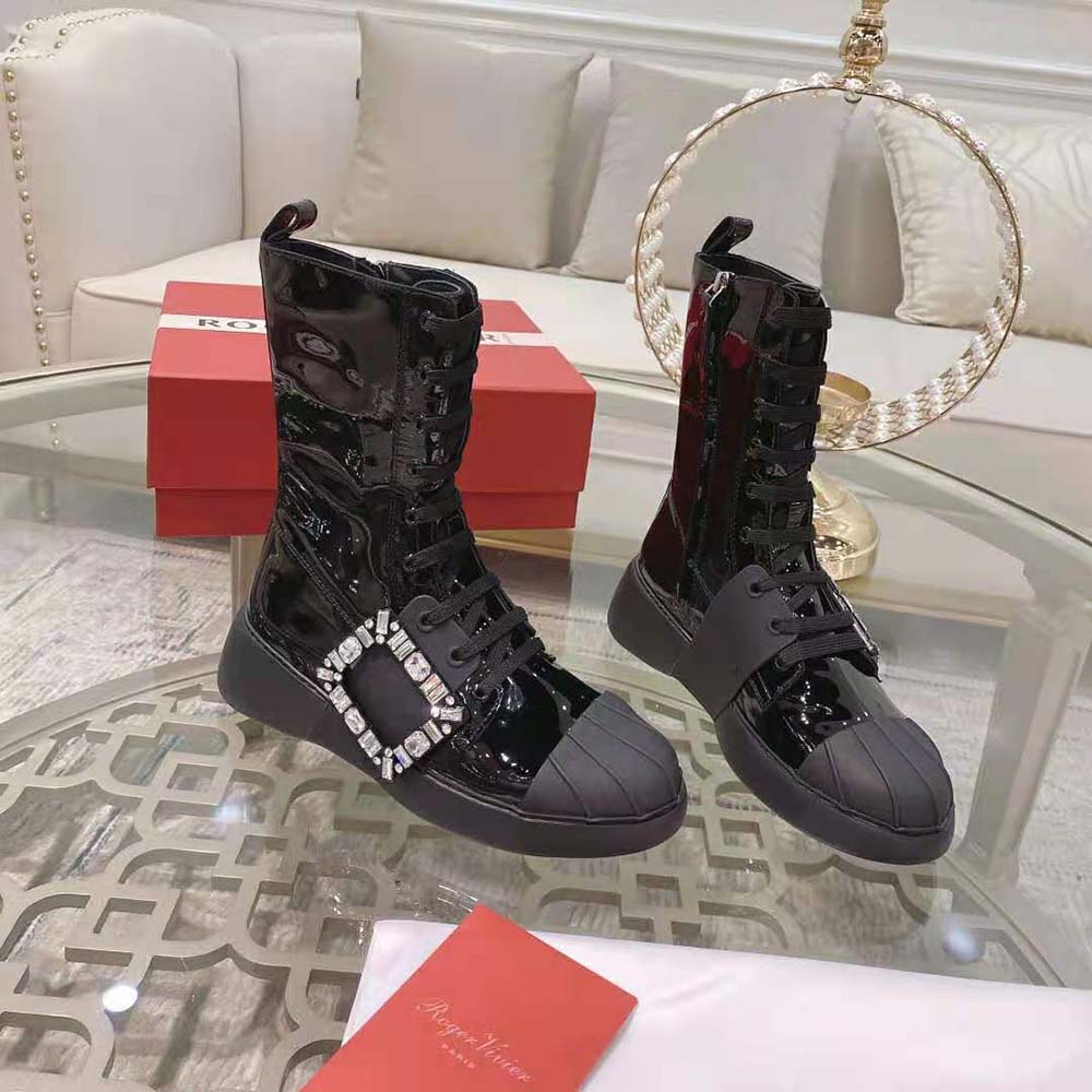 Roger Vivier Women Viv Skate Lace Up Strass Buckle Booties in Leather-Black - image 6