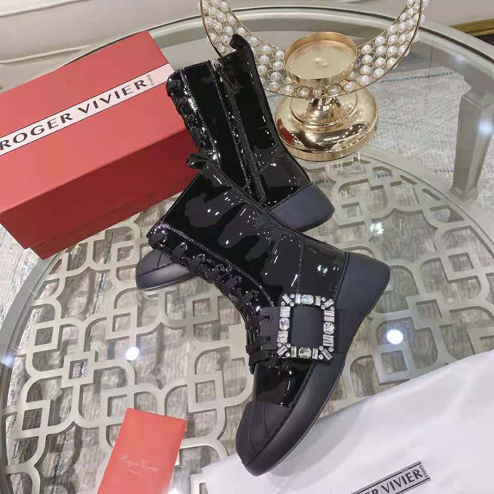 Roger Vivier Women Viv Skate Lace Up Strass Buckle Booties in Leather-Black - image 4