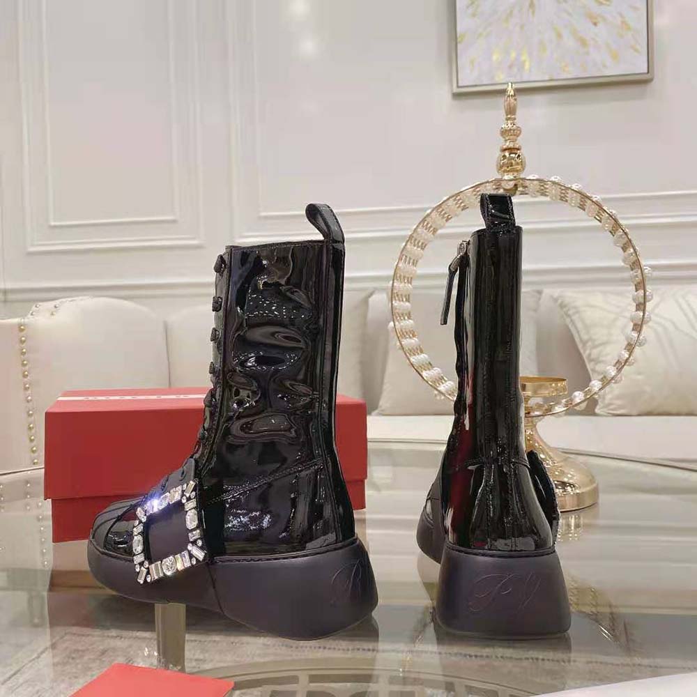 Top view of black leather Roger Vivier Women Viv Skate Booties showing lace-up detail