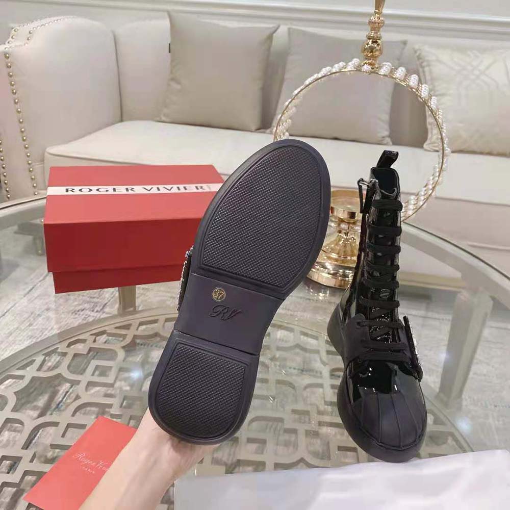 Roger Vivier Women Viv Skate Lace Up Strass Buckle Booties in Leather-Black - image 10