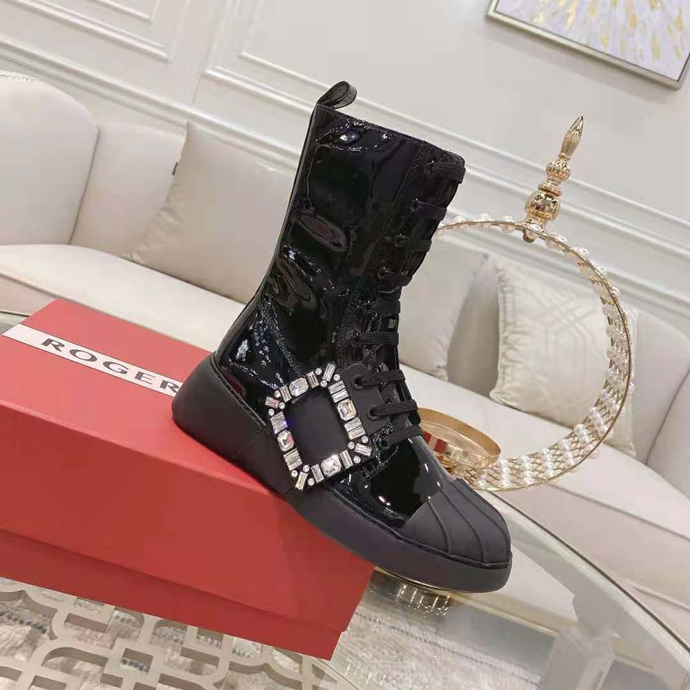 Roger Vivier Women Viv Skate Lace Up Strass Buckle Booties in Leather-Black - image 8