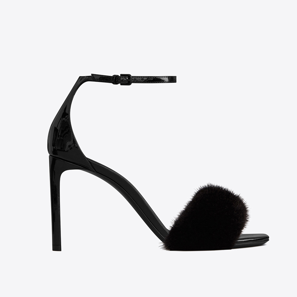 Side view of Saint Laurent YSL Women Bea Sandals in black patent leather