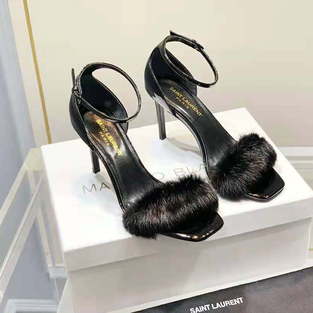 Rear angle showing stiletto heel and mink lining of Bea Sandals