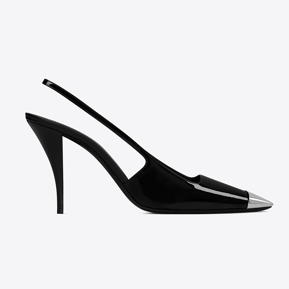 Side view of Saint Laurent YSL Women Blade Slingback Pumps in black patent leather