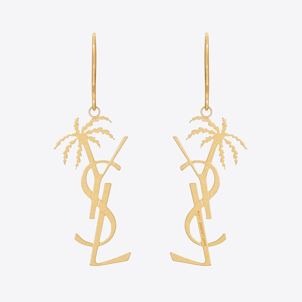 Front view of Saint Laurent YSL Women Monogram Palm Earrings in gold