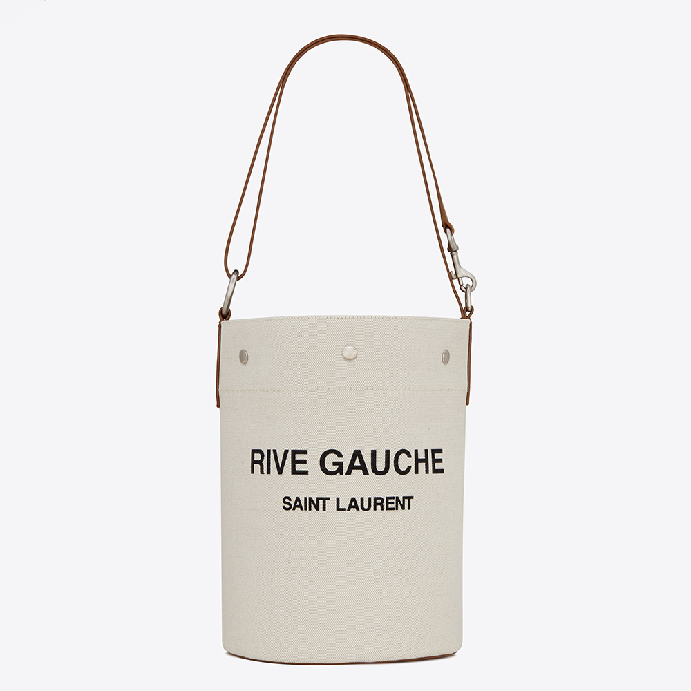 Front view of Saint Laurent YSL Women Rive Gauche Bucket Bag in Linen-Brown