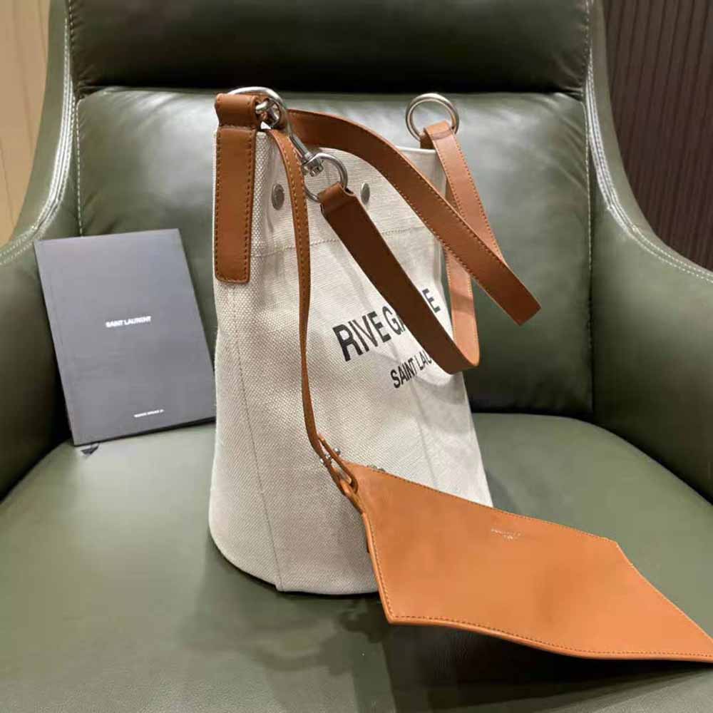 Saint Laurent YSL Women Rive Gauche Bucket Bag in Linen-Brown - image 4